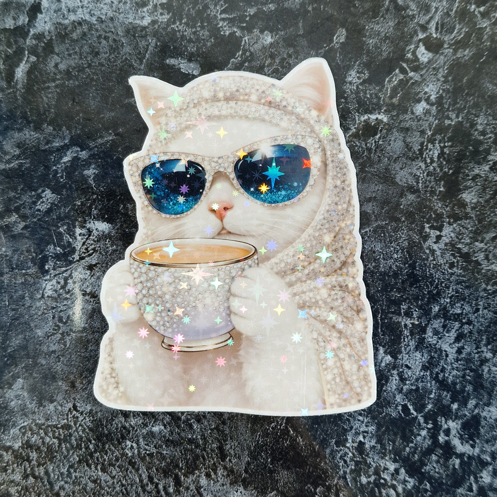 Holographic Meme Cat Sticker drinking coffee