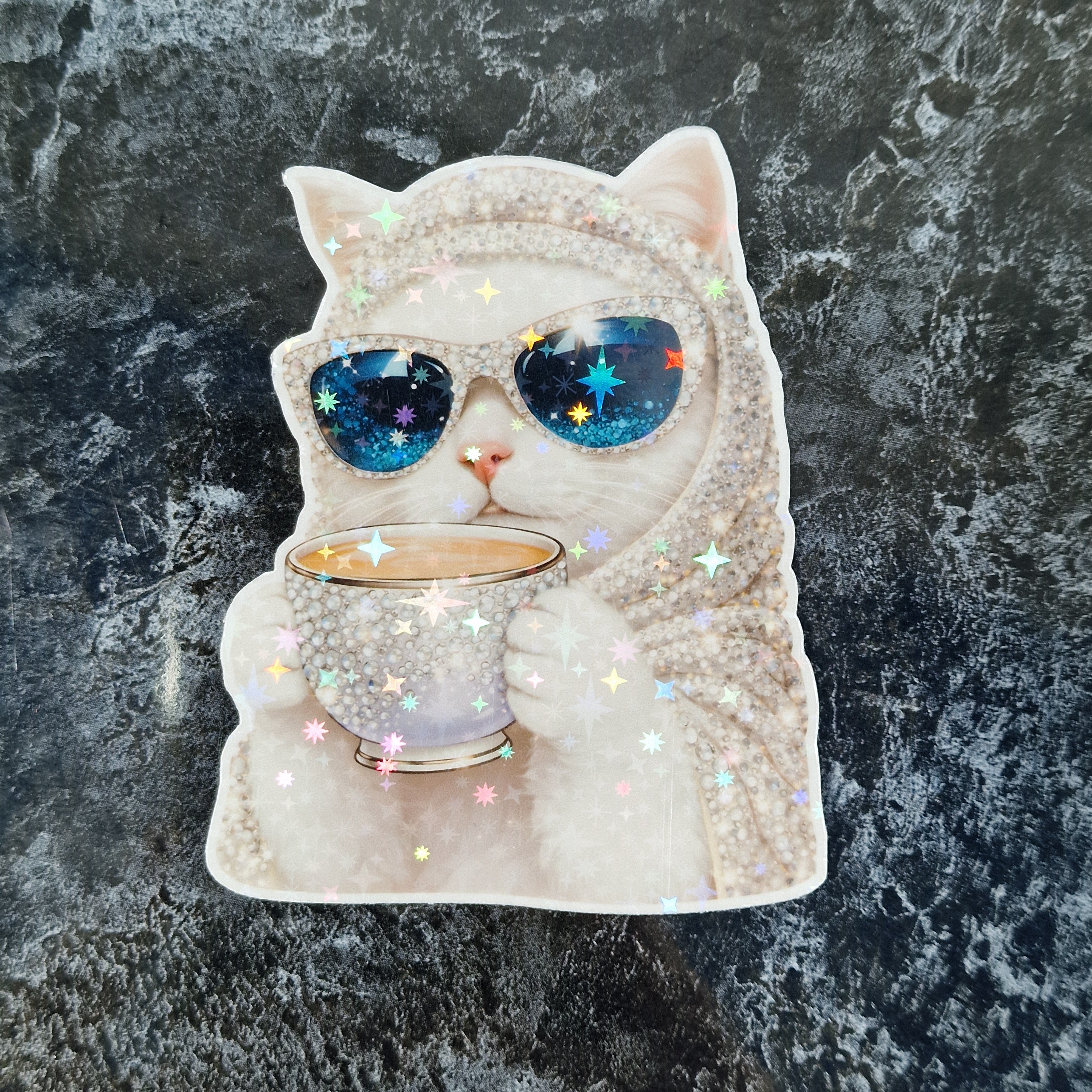 Holographic Meme Cat Sticker drinking coffee