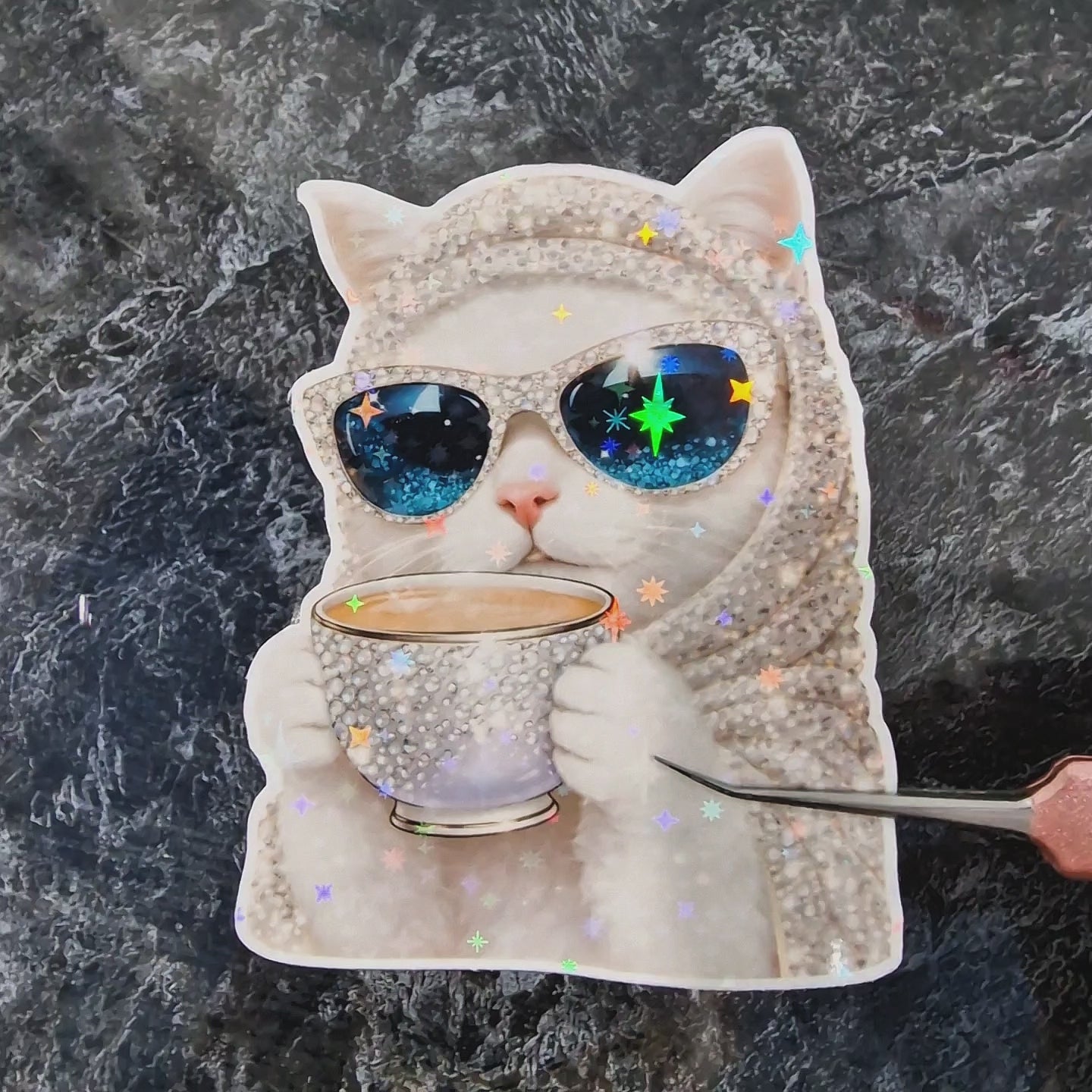 Holographic Meme Cat Sticker drinking coffee